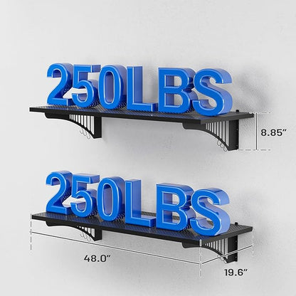 YOLENY 2-Pack 1.64x4FT Adjustable Garage Wall Shelving, 500lbs Load Capacity Heavy Duty Wall Mount Storage Shelf, Metal Floating Shelves Organizer for Workshop, Garage Storage Rack with Hooks