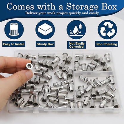 10-24 UNC Rivet Nut, 95Pcs 304 Stainless Steel Flat Head Rivnut Threaded Insert Nutsert