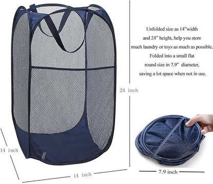 Larpur Popup Mesh Laundry Basket, Collapsible Clothes Washing Laundry Hamper with Reinforced Carry Handles, Portable Foldable Dirty Clothes Hamper for Home Dorm Cruise Travel (Blue)