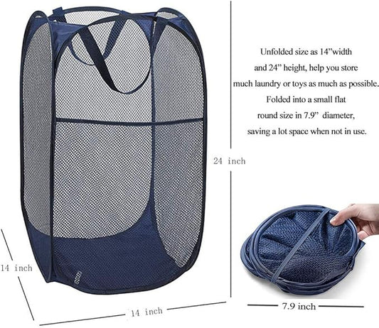 Larpur Popup Mesh Laundry Basket, Collapsible and Portable Clothes Washing Laundry Hamper with Reinforced Carry Handle (Blue*2)