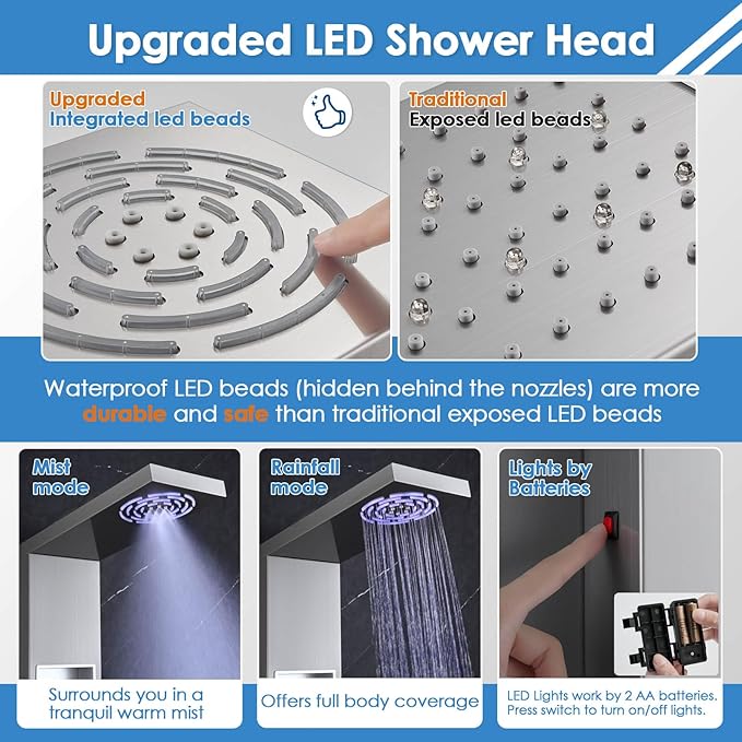 ROVOGO Shower Panel Tower System with Shelf, Rainfall & Mist Shower Head with Led Lights, Body Jets, Handheld and Tub Spout, Stainless Shower Column with Mixer Valve, Brushed