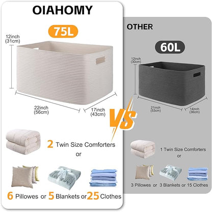 OIAHOMY 75L Large Blanket Basket, Woven Cotton Rope Baskets for Organizing, 22”x17”x12”, Blanket Basket living Room, Bedroom, Nursery, Dog Toy Storage Bins, White