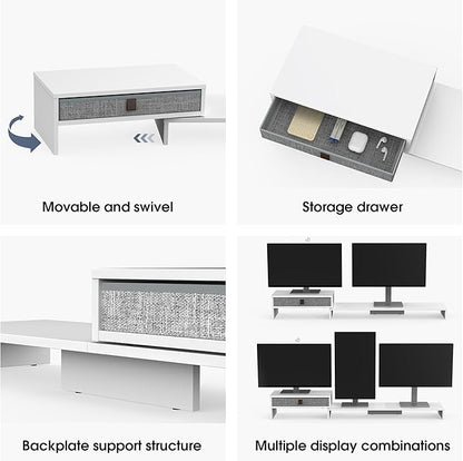 Fenge Computer Monitor Riser Stand with Drawer for 2 or 3 Monitors ,Adjustable Length and Angle Desktop Laptop Stand,Office Organizer,Printer,White