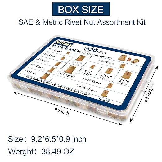 Metric & SAE Rivet Nut Assortment Kit(420 Pcs),m3 m4 m5 m6 m8 m10 m12#6-32#8-32#10-24 1/4"-20 5/16"-18 3/8"-16 UNC Flat Head Rivnut Set,Zinc Plated Finish Carbon Steel Nutsert