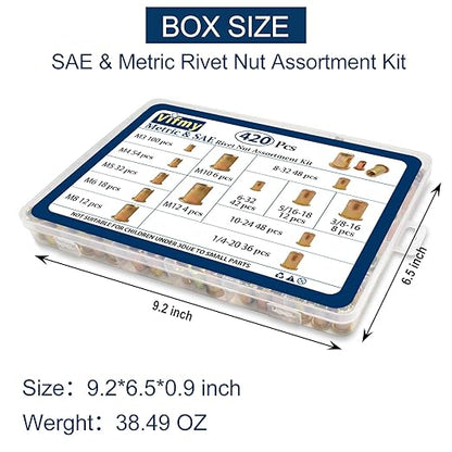 Metric & SAE Rivet Nut Assortment Kit(420 Pcs),m3 m4 m5 m6 m8 m10 m12#6-32#8-32#10-24 1/4"-20 5/16"-18 3/8"-16 UNC Flat Head Rivnut Set,Zinc Plated Finish Carbon Steel Nutsert