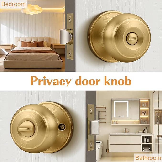 Probrico Champagne Bronze Door Knobs for Bedroom Bathroom, Interior Door Knob with Round Ball, Champagne Privacy Door Knob, 1 Pack