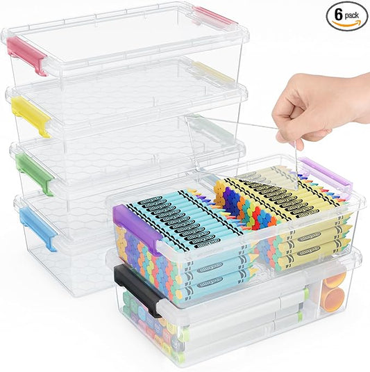 6 Pack Extra Large Pencil Box with Removable Divider, Thickened Pencil Case Bulk, Clear Crayon Marker Organizer Stackable Plastic Small Storage Containers for Pen Craft School Supplies (Multi)