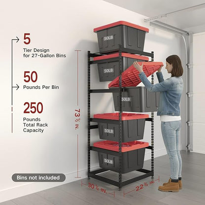27 Gallon Storage Bin Rack Organizer, Heavy-Duty Tote Storage Rack, 5-Tier Standing Storage Bin Shelves, Maximize Space for Garage/Storage/Warehouse, 250 lb Total Capacity, 1(Bins Not Included)