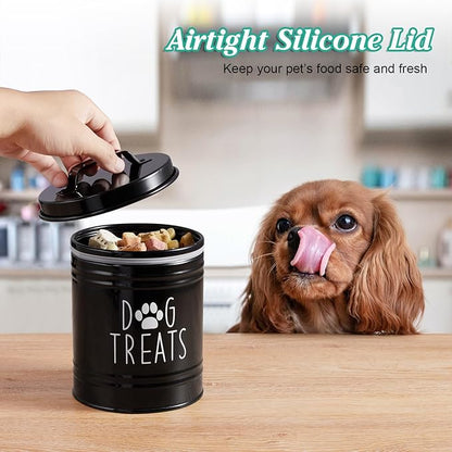 Small Dog Treat Container Airtight - 6" Tall X 4.9" Round Black Dog Treat Jar for Kitchen Counter - Rustic Treat Storage Canister for Dogs, Cats, Small Animals - Gifts for Pet Owners