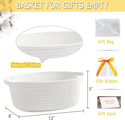 Gift Basket Empty, Small Woven Storage Basket with Gift Bags & Ribbons, Cotton Rope Room Shelf Storage Basket with Handle for Organizer Nursery Bins or Baby Shower 12" x 8" x 5" (White, 4 Pack)