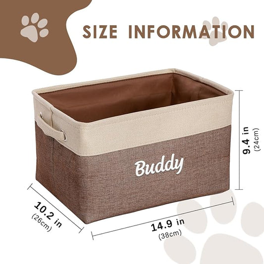Ulico Custom Dog Toy Storage Basket, Collapsible Pet Organizer Box with Handles, Personalized Dog Toy Bin, Brown
