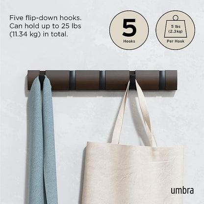 Umbra Flip Wall-Mounted Coat Rack with 5 Hooks – Modern, Space-Saving Storage for Hats, Jackets, Bags, Entryway, Mudroom, Closet, Bathroom, Bedroom – Black/Walnut