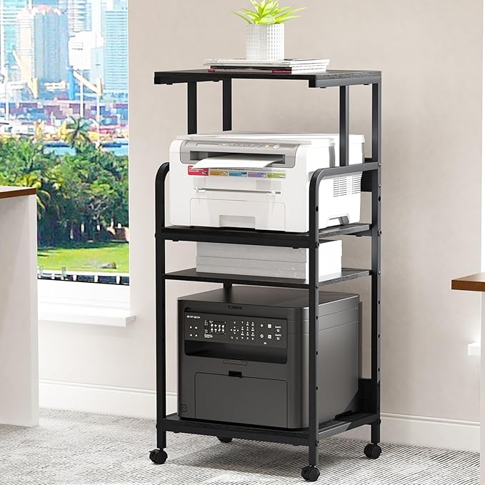 4 Tier Stand with Storage Shelf, Tall Mobile Printer Table for Home Office, Adjustable Stands for Heat Press Scanner Fax (Black)