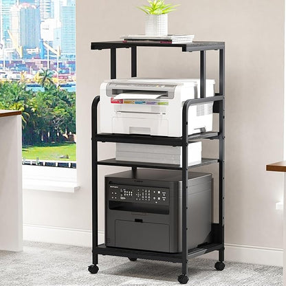 4 Tier Stand with Storage Shelf, Tall Mobile Printer Table for Home Office, Adjustable Stands for Heat Press Scanner Fax (Black)