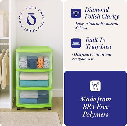 HOMZ 2-Pack Drawer Tower, 3-Tier Clear Plastic Storage Organizer Cart, Bold Lime Frame - Organizing Containers with Wheels for Home, Bathroom, Bedroom, Office, and Classroom