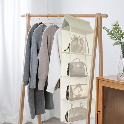 Closet Handbag Purse Holder, Space Saving Hanging Handbag Storage Tote Bag Organizer Holder with 4 Large Heavy-Duty Mesh Shelves for Wardrobe Closet(Pack of 2 Beige)