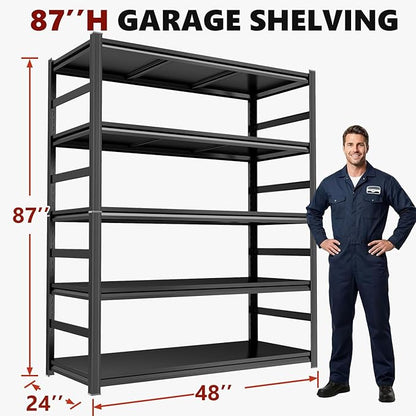 Garage Shelving 5-Tier Heavy Duty Adjustable Metal Storage, 3000Lbs Industrial Shelf Unit Black, Easy to Assemble (87" H x 47.2" W x 23.6" D)