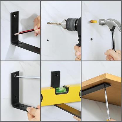 Alise Floating Shelf Brackets Heavy Duty L-Shaped Wall Brackets - Black Angle Corner Braces for Shelves, Stainless Steel Reinforced Shelf Support Bracket for Wooden Boards 9x5 Inch,Pack of 4