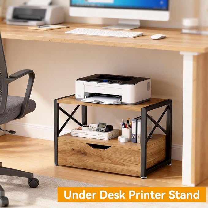 IBUYKE 2 Tier Desktop Printer Stand,Multi-Purpose Desk Organizer,Wooden Printer Stand with Drawer Storage for Folders,Books,for Fax Machine, Scanner,Home Office,Oak TLJ006K