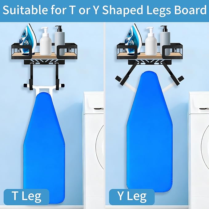 Adjustable Ironing Board Rack & Holder Wall Mount - T&V Shaped Hook for Laundry Room Organization, Space Saving Iron Storage, Easy Install, Black