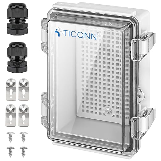 TICONN Outdoor Electrical Box Waterproof, Junction Box IP67 ABS Plastic Enclosure with Hinged Cover with Mounting Plate, Wall Brackets, Cable Glands (Clear, 5.9"x3.9"x2.8")