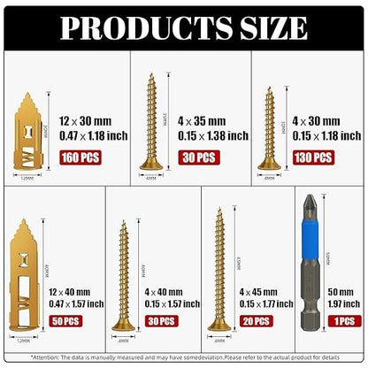 420 Pcs Self Drilling Drywall Anchors with Screws Kit, 2 Sizes Drywall Anchors and 4 Sizes Zinc Plated Screws, Holds Up to 100lbs, No Pre-Drill Needed, for TV, Shelf Straps, Picture Frames
