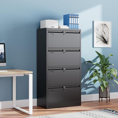 4 Drawer Lateral File Cabinet, Metal Lateral File Cabinets with Lock, Legal Size Steel Lateral Filing Cabinet for Office and Home