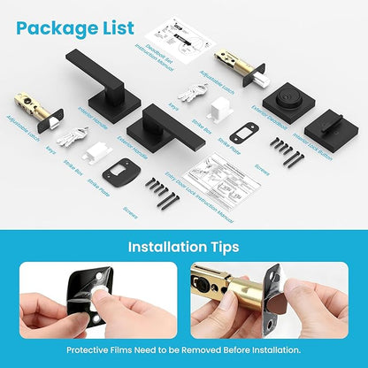 Estmoon Exterior Door Lock Sets, Matte Black Passage Door Handle and Single Cylinder Deadbolt Lock Combo, Modern Square Door Knob with Deadbolt, Keyed Alike Door Lock Sets for Front Door, 2 Pack