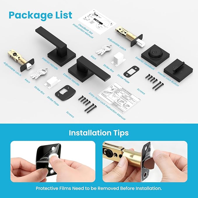 Estmoon Exterior Door Handle and Deadbolt Set, Passage Door Lever and Single Cylinder Deadbolt Lock Modern Square Entry Door Lock Set Flat Black Handleset for Entrance, Front, Office Doors, 1 Pack