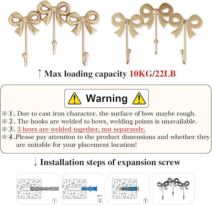 Small Bow Wall Hook,Gold Wall Mounted Functional Hooks,Antique Gold Cast Iron Hook for Coats,Bags, Bath Towels,Room Decorations,Girls Room,Bathroom,Office(Three-Bows Hooks:8.27x5.59 inches)