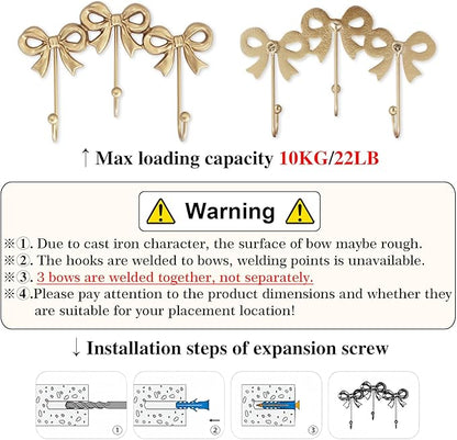 Small Bow Wall Hook,Gold Wall Mounted Functional Hooks,Antique Gold Cast Iron Hook for Coats,Bags, Bath Towels,Room Decorations,Girls Room,Bathroom,Office(Three-Bows Hooks:8.27x5.59 inches)