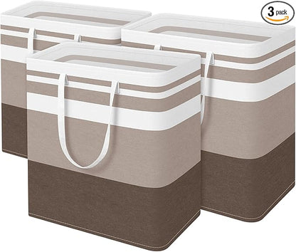 BlissTotes 3-Pack Laundry Basket, Freestanding＆Waterproof Laundry Hamper, Collapsible Tall Clothes Hamper with Easy Carry Handles for Clothes, Towels in the Family and Dorm,Gradient Khaki,125L