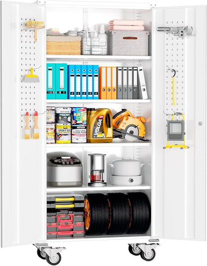 INTERGREAT Metal Garage Storage Cabinets, Lockable Rolling Tool Cabinet with Pegboard and Shelves, 75" Tall Heavy-Duty File Cabinet with Wheels for Garage, Basement, Warehouse, White