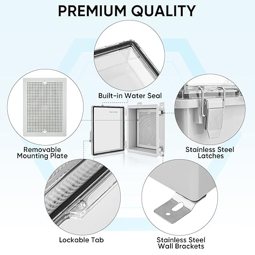 TICONN Outdoor Electrical Box Waterproof, Junction Box IP67 ABS Plastic Enclosure with Hinged Cover with Mounting Plate, Wall Brackets, Cable Glands (Clear, 11"x7.5"x5.5")