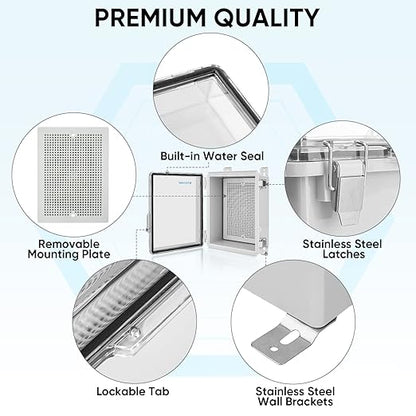 TICONN Outdoor Electrical Box Waterproof, Junction Box IP67 ABS Plastic Enclosure with Hinged Cover with Mounting Plate, Wall Brackets, Cable Glands (Clear, 8.7"x6.7"x4.3")