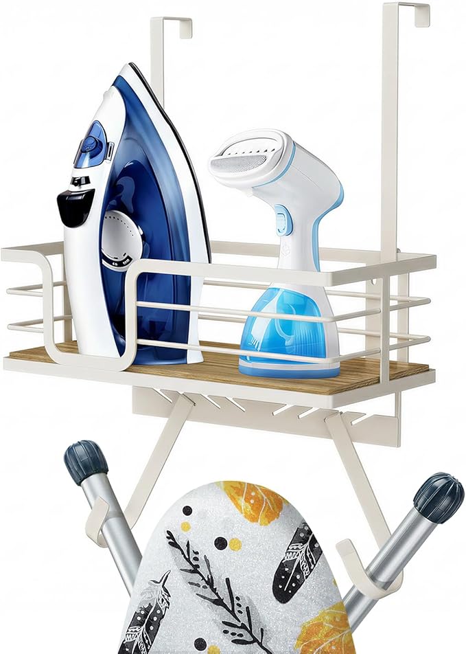TJ.MOREE Over The Door/Wall Mount Ironing Board Hanger, Laundry Room Iron and Ironing Board Caddy Storage for Water Mister, Fabric Sprays, Laundry Detergent, White