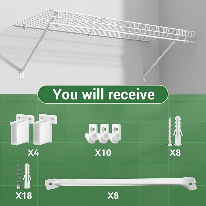 8 Pcs Wire Shelf Brackets, 12 Inch White Shelf Support Bracket for Wire Shelving with 10 Wires Shelves Clips and 4 End Brackets, Metal Closet Support Bracket for Closet Shelves Racks and Wardrobe