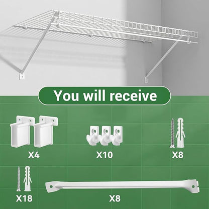 8 Pcs Wire Shelf Brackets, 12 Inch White Shelf Support Bracket for Wire Shelving with 10 Wires Shelves Clips and 4 End Brackets, Metal Closet Support Bracket for Closet Shelves Racks and Wardrobe