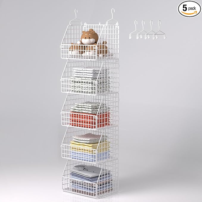 Hanging Closet Organizer and Storage, Clothes Hanging Shelves Wire Baskets for Clothing Sweaters Purse Handbags Shoes White 5 Tier
