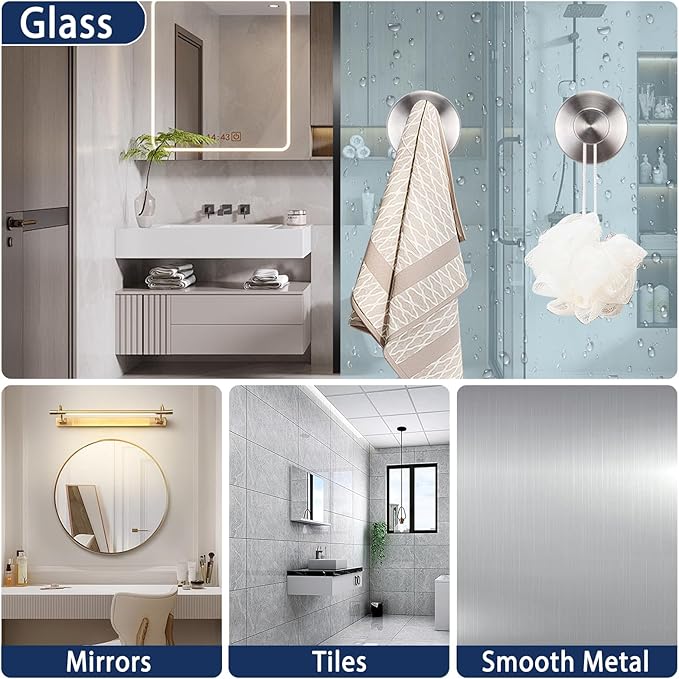 Silver Waterproof Suction Cup Hooks, 2-Pack Heavy Duty Stainless Steel No Drill Shower Hooks for Hanging Towels, Robes, Loofahs, Holder Holds Strong on Tile, Glass, Mirror, Wall, Bathroom Door