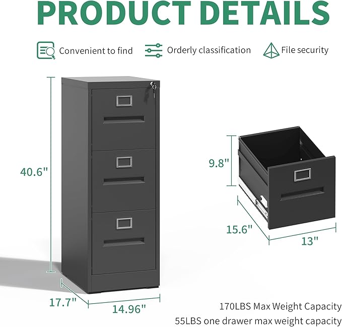 3 Drawer File Cabinet, Vertical File Cabinets with Lock for Home Office,Heavy Duty Office Steel Filing Cabinet for Hanging Letters/Legal/A4, Assembly Required (Black)