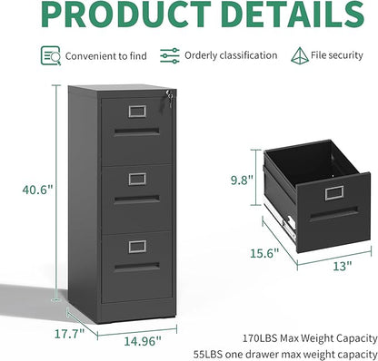 3 Drawer File Cabinet, Vertical File Cabinets with Lock for Home Office,Heavy Duty Office Steel Filing Cabinet for Hanging Letters/Legal/A4, Assembly Required (Black)