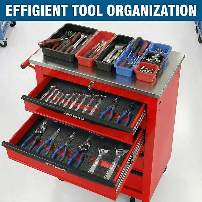 5-Drawer Rolling Tool Chest with Stainless Steel Countertop,Tool Chest with Secure Locking System,Mobile Storage Tool Cabinet with 360°Wheels and Padded Feet,for Home,Garage (Red)