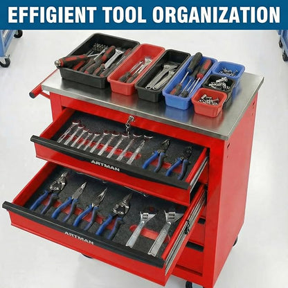5-Drawer Rolling Tool Chest with Stainless Steel Countertop,Tool Chest with Secure Locking System,Mobile Storage Tool Cabinet with 360°Wheels and Padded Feet,for Home,Garage (Red)