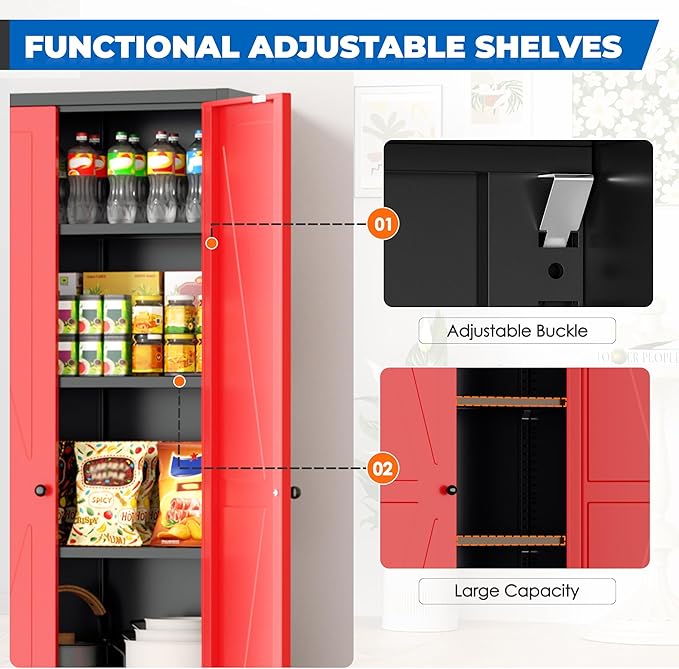 INTERGRAET 63" H Pantry Cabinet, Kitchen Pantry Storage Cabinets with 2 Doors and 4 Shelves, Metal Storage Cabinet,Cupboard for Home,Kitchen,Living Room/Dining, Black Red