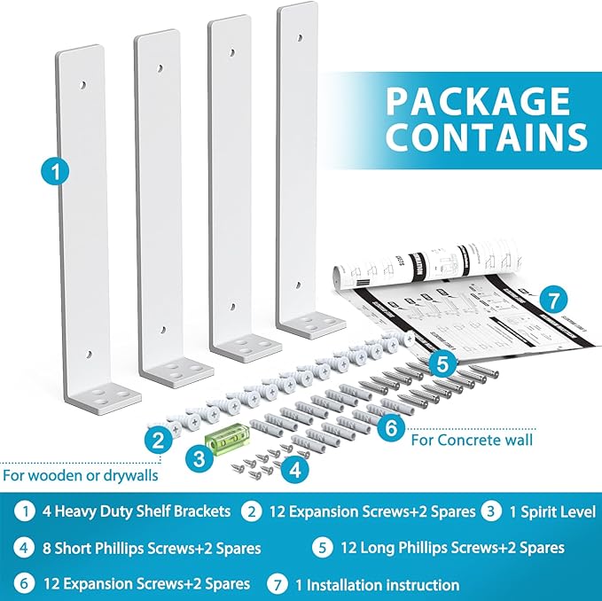 Goovilla Shelf Brackets, Heavy Duty Floating Shelf Bracket 10 Inch for 2×4” Wood Stud, 4 Pack L Brackets for Shelves, White Metal Wall Shelving Brackets, Shelf Support Brackets, 160 lb. Load Capacity
