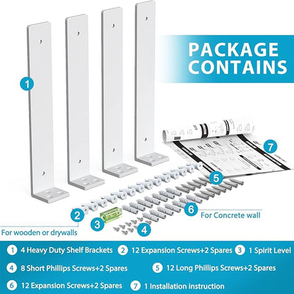 Goovilla Shelf Brackets, Heavy Duty Floating Shelf Bracket 10 Inch for 2×4” Wood Stud, 4 Pack L Brackets for Shelves, White Metal Wall Shelving Brackets, Shelf Support Brackets, 160 lb. Load Capacity