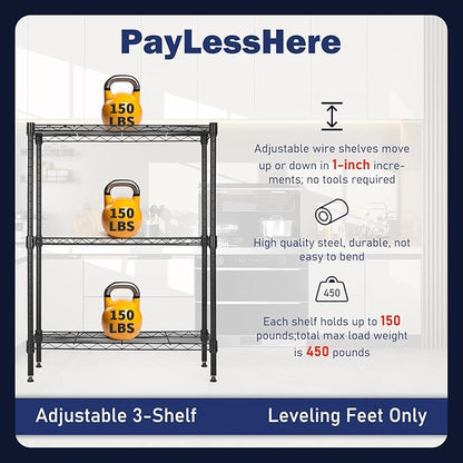 PayLessHere | 3-Tier Wire Shelf | 23"x13"x30" | Black | Adjustable Racks | Heavy-Duty Storage Shelves, Holds Upto 450 lbs | Rust-Resistant, No-Tool Assembly | for Home, Garage Shelving