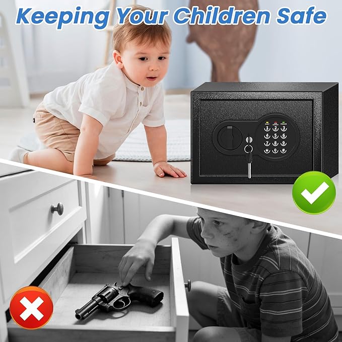 Safe Box with Fireproof Waterproof Bag, Home Safe with Keys & Pass Code & Wall Mount Kits, Money Safe with Smart Alert System for Money, Jewelry, and Documents, 0.5 Cu ft
