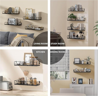 Floating Shelves Set of 4, Home Wood Wall Shelf, Farmhouse Shelf for Bedroom, Wall Mounted Floating Shelf for Living Room, Bedroom, Bathroom, Kitchen, Office (Black)